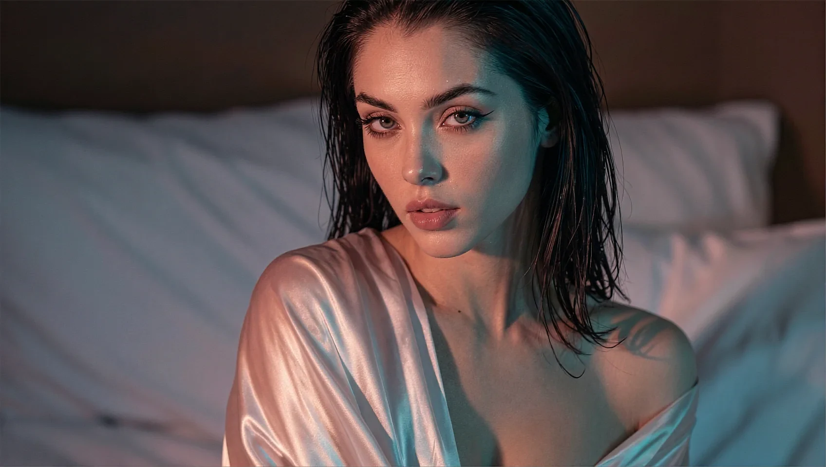 Wide night frame of a fictional AI character before the closing invitation