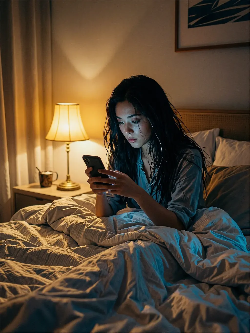 Fictional AI character at a desk lit by a screen on the online chat page